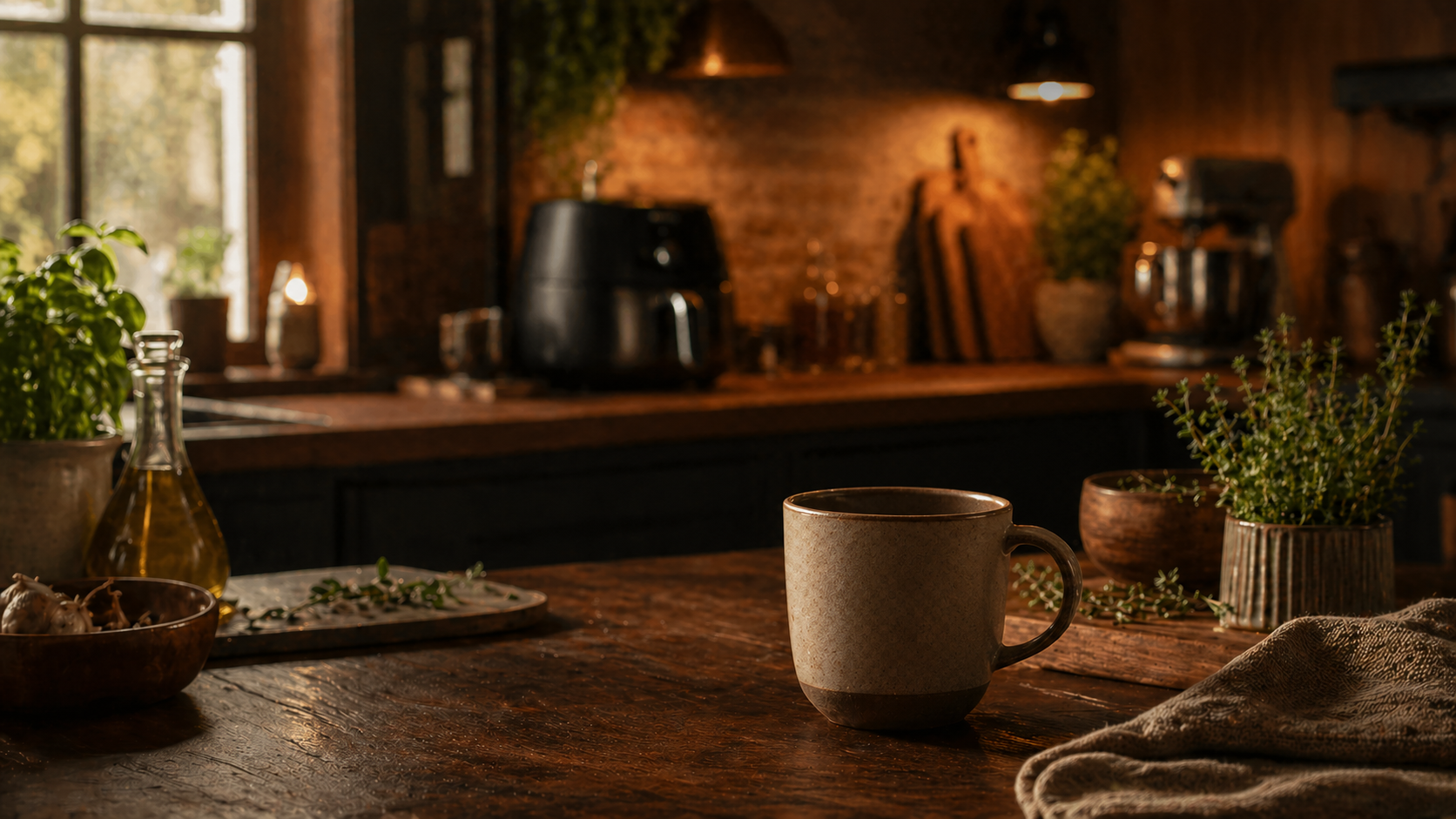 Warm home styling, coffee, vase and natural light